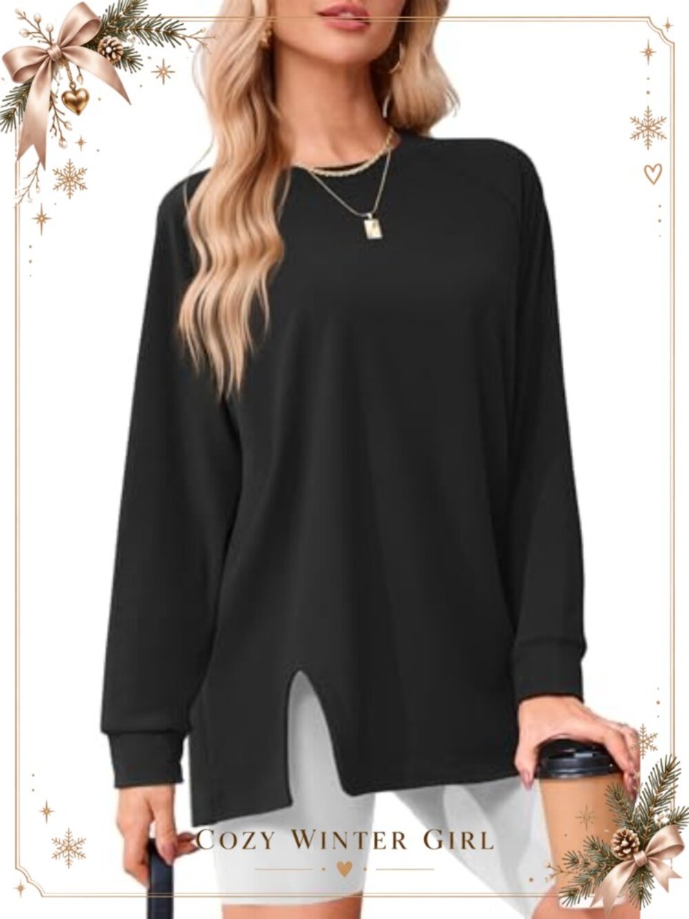 Womens Crewneck Sweatshirt Loose Fit Long Sleeve Side Slit Pullover Top